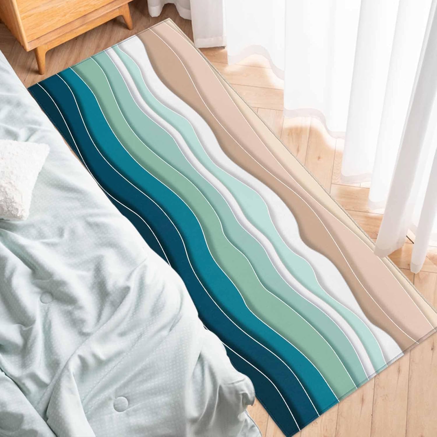 2 Pieces Kitchen Rugs and Mats,Modern Teal Ombre Ocean Wave Area Runner Rug Set Non Slip Floor Doormat Washable Carpet Standing Mat for Kitchen Sink Indoor Corridor,Summer Beach Sea Stripe
