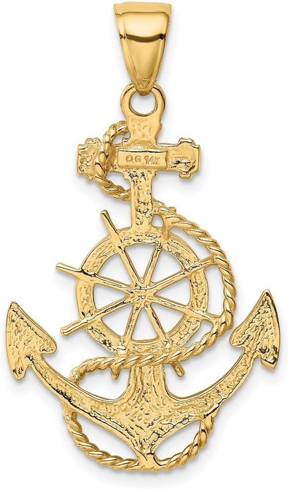 JewelryWeb 14k Yellow Gold Solid Polished Large Nautical Ship Mariner Anchor With Wheel Pendant Necklace 42.5x34.6mm Pendant for Women - Image 4