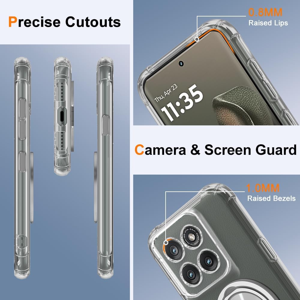 for Motorola Moto Edge 2025 Phone Case, 360° Rotatable Ring Holder Kickstand/Stand [Non Yellowing] Transparent 4 Corners Shockproof Protective Cover Case for Motorola Edge 2025 - Crystal Clear - Image 2