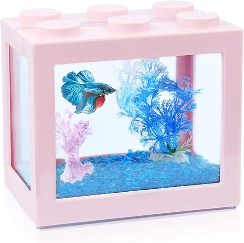 Small Betta Fish Tank, Stackable Mini Fish Tank Aquarium Tank Kit, 35 Gallon Rectangular Fish Bowl with Aquarium Gravel Decoration, Tiny Cube Tank