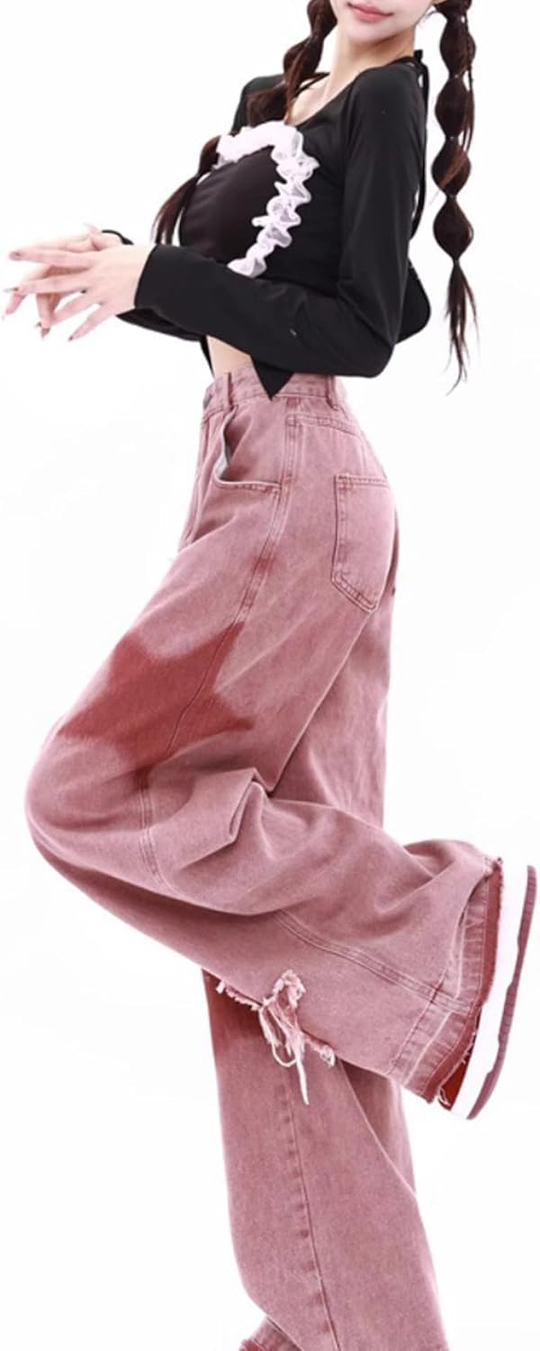 xxxiticat Women's Pink Baggy Jeans High Waisted Five-Pointed Star Embroidery Vintage Loose Raw Hem Wide Leg Denim Pants