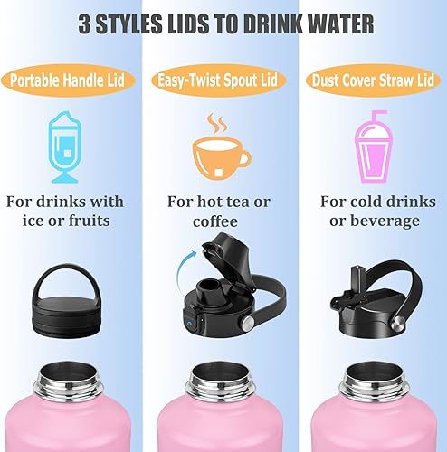 Miniatura 5 de Botella de agua de acero inoxidable con aislamiento al vacío de 64onzas, tapa con popote y con boquilla, a prueba de fugas, doble pared, cantimplora