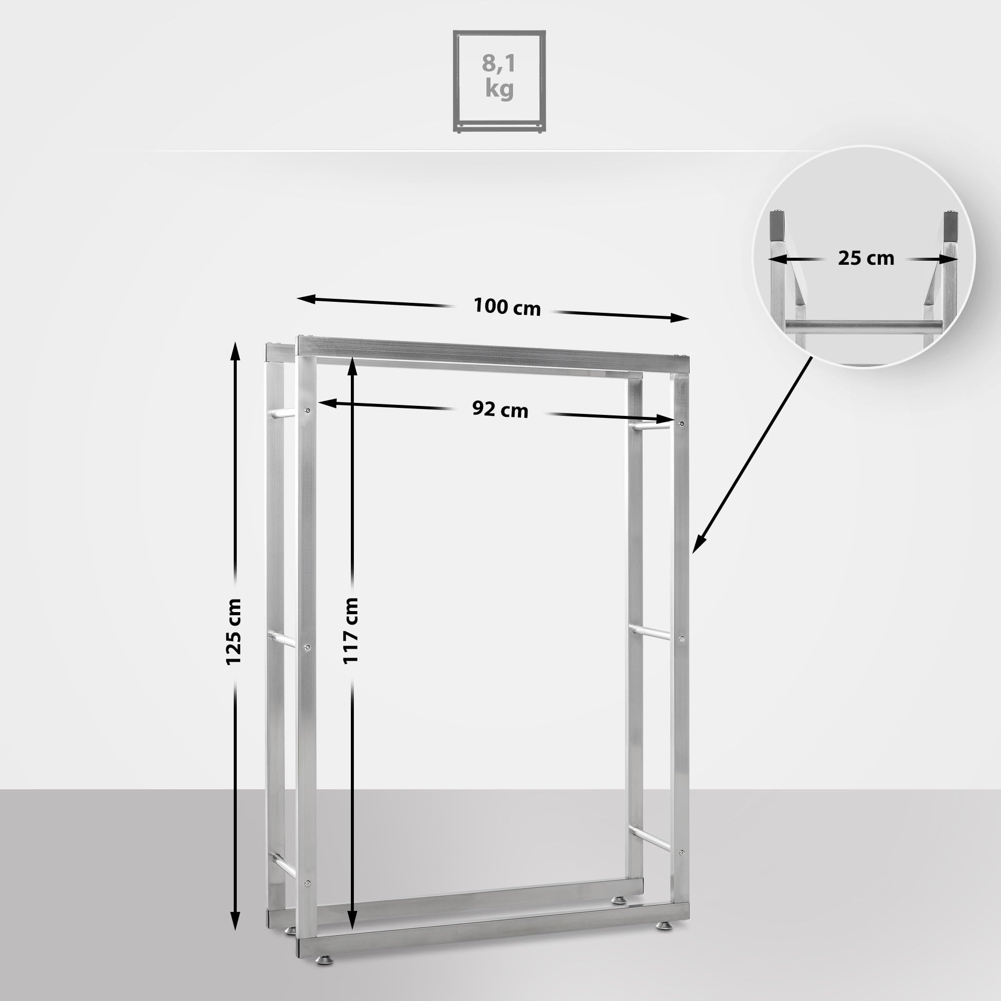 CLP Keri V2 Stojak na drewno kominkowe, ze stali nierdzewnej, regał na drewno opałowe z ochraniaczami podłogi, kolor: stal nierdzewna, wymiary: 25 x 100 x 125 cm
