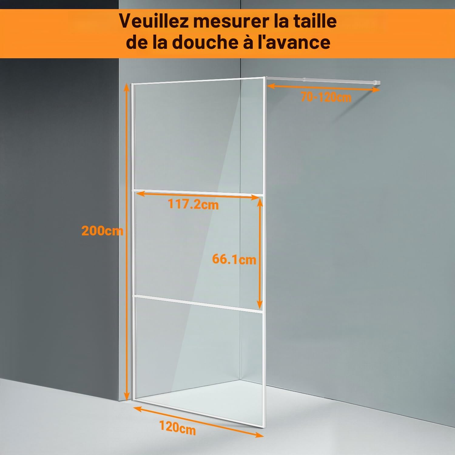 Paroi de douche Walk-In 120×200 cm Argent, 5 mm Verre de sécurité ESG avec cadre complet en aluminium, plage de réglage 0–10 mm, séparation de douche installable à gauche/droite