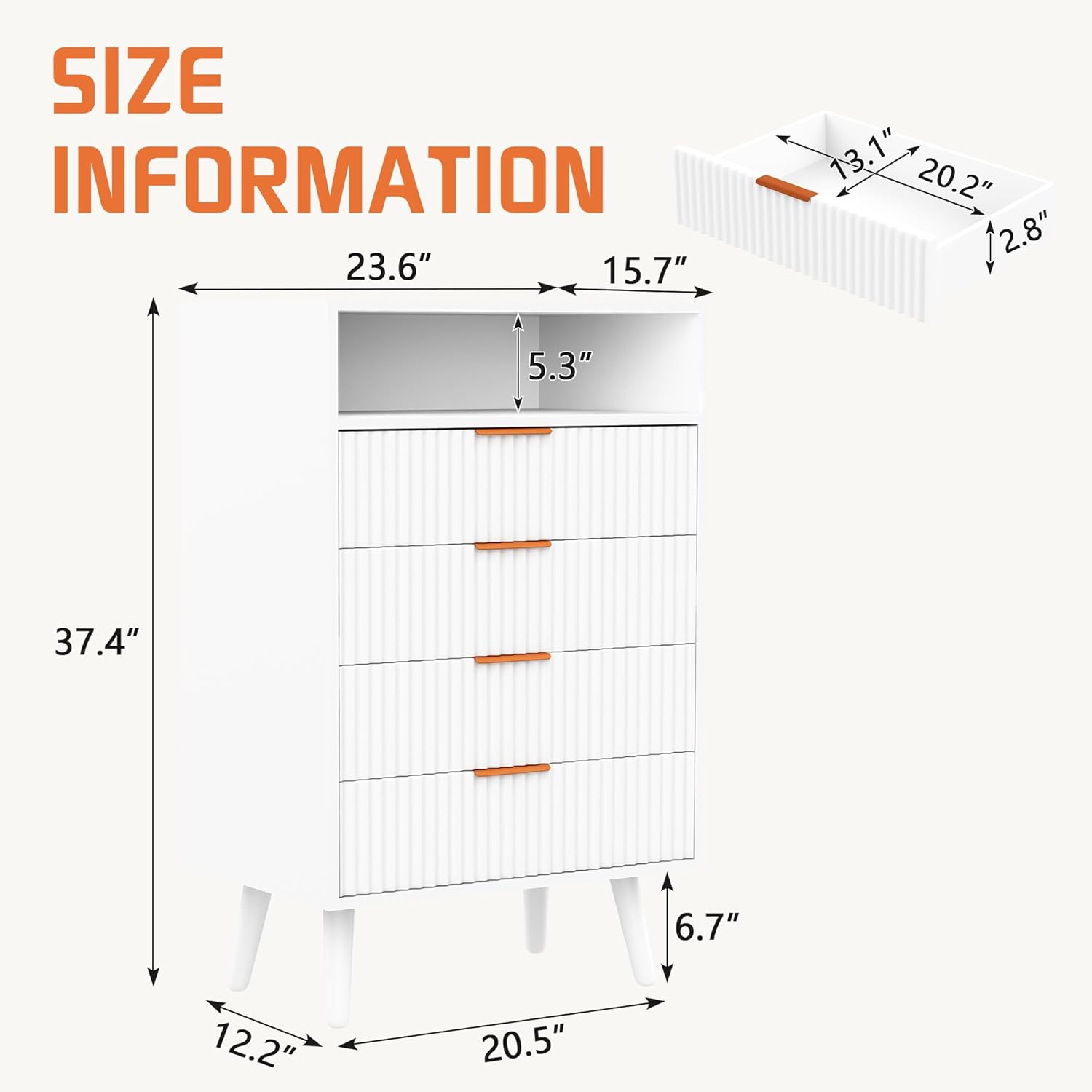 4 Drawer Dresser with LED Light, Wood White Dresser for Bedroom Modern Chest of Drawers 38" Tall Nightstand Bedside Table with Shelf