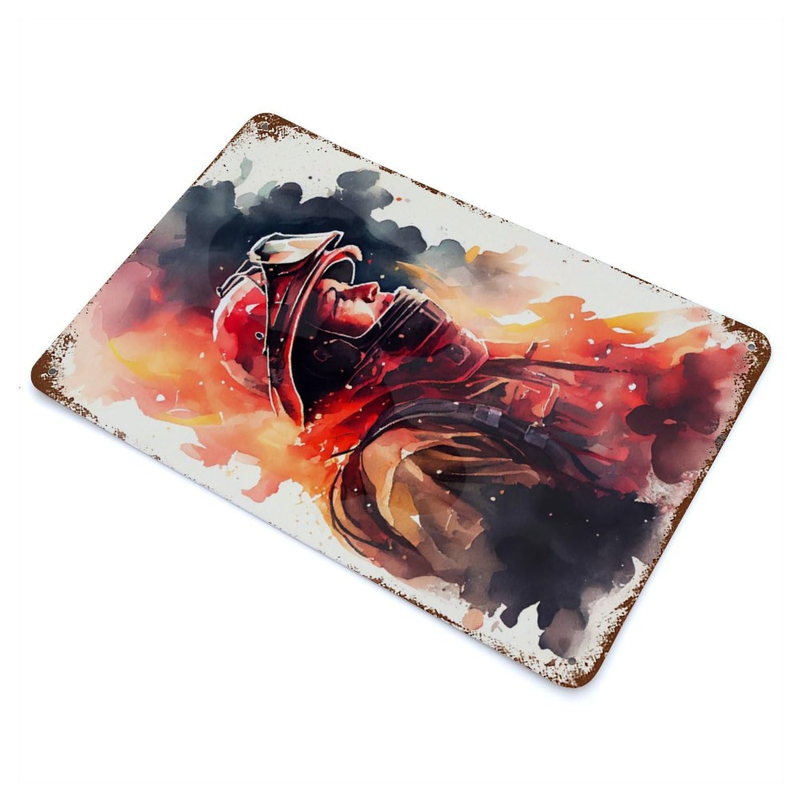 Firefighter Watercolors Distressed Metal Wall Sign 11.8"x7.9", Ideal for Cafe, Home Bar And Lounge Decor