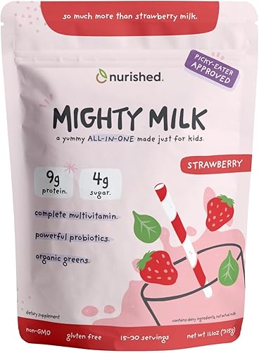 Mighty Strawberry Milk - Proteína diaria todo en uno para niños en polvo y multivitamínico potenciado con 2 mil millones de probióticos y espinacas