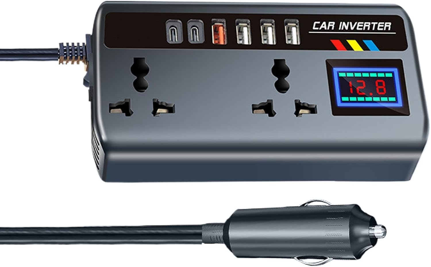 200W Car Power Inverter/Laptop Charger with 4 USB & 2 C Type(1 * 27WPD) Smart USB Ports, 2 AC Universal Outlets and 12V/24V DC to 220V AC with QC3.0 (4 USB Type A QC3.0 + 2 Type C)