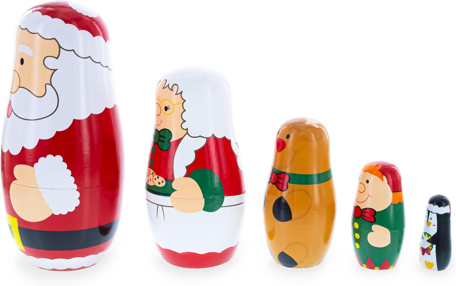 BestPysanky Santa, Mrs. Claus, Reindeer, Elf Wooden Nesting Dolls 6 Inches