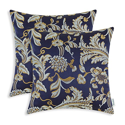 CaliTime Pack of 2 Throw Pillow Covers Cases for Couch Sofa Home Decor Vintage Floral Leaves 18 X 18 Inches Navy Blue