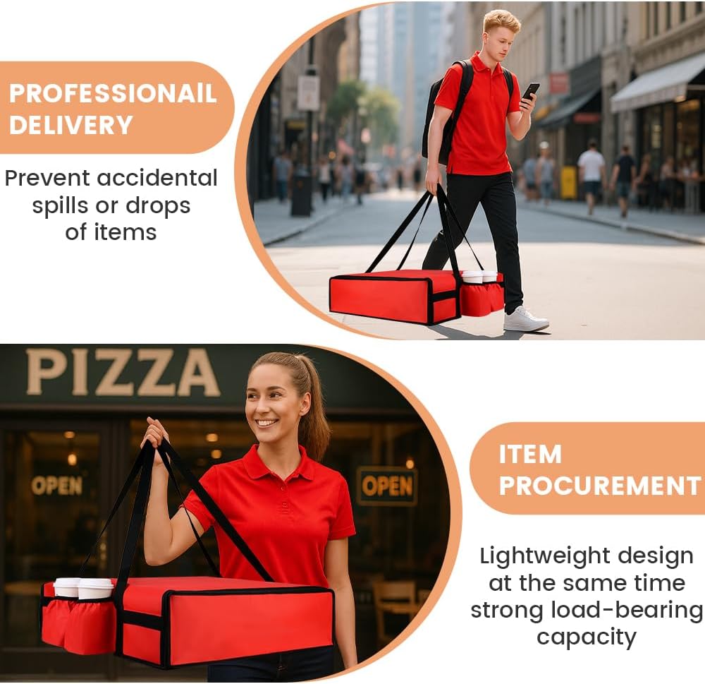 Insulated Pizza Delivery Bag with 4 Cup Holders, 24" x 6", Red | Pizza Warmer Bag for Hot Pizza/Drinks, Pizza Carrier for Events, Large Food Delivery Carrier for Transport/Shopping/Catering