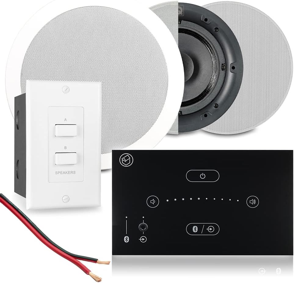 Power Dynamics Systemline E50 Bluetooth Ceiling Speakers Package with Touch Panel Amplifier, Bedroom & Ensuite Bathroom Ceiling Speakers Setup with A/B Zone Selector Switch