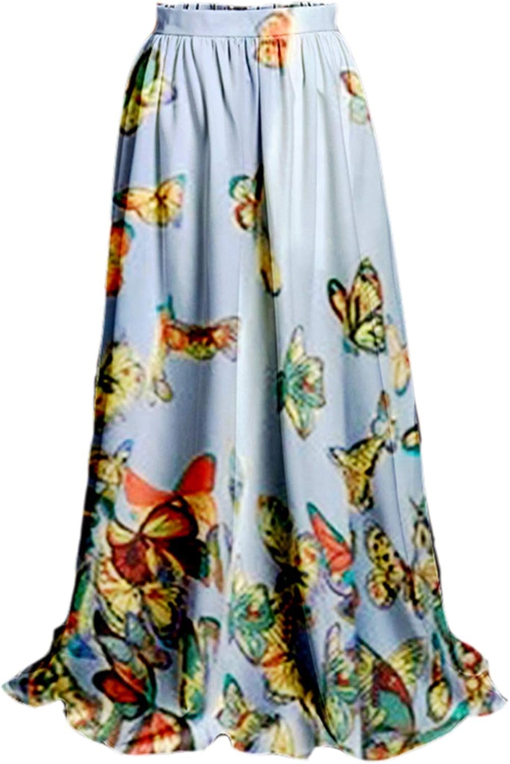 Women's Long Skirt Colorful Butterfly Print Retro High Waist Big Swing Flared Long Skirt
