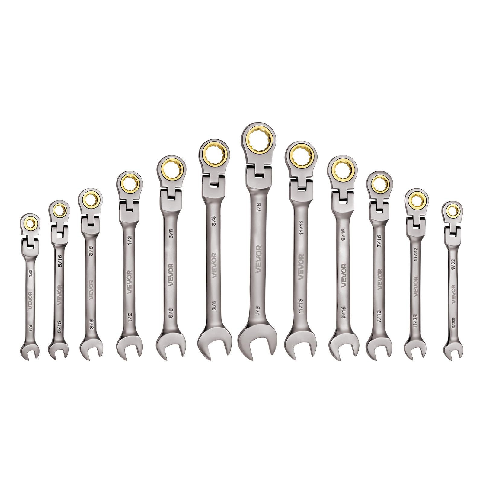 VEVOR Jeu de Clés Mixtes 12PCs, Clé Plate à Cliquet à Tête Flexible, pour Réparation Domestique et Automobile, Taille SAE, Extrémité Fourche, 72 Dents, en Acier Cr-V, avec Trousse Enroulable