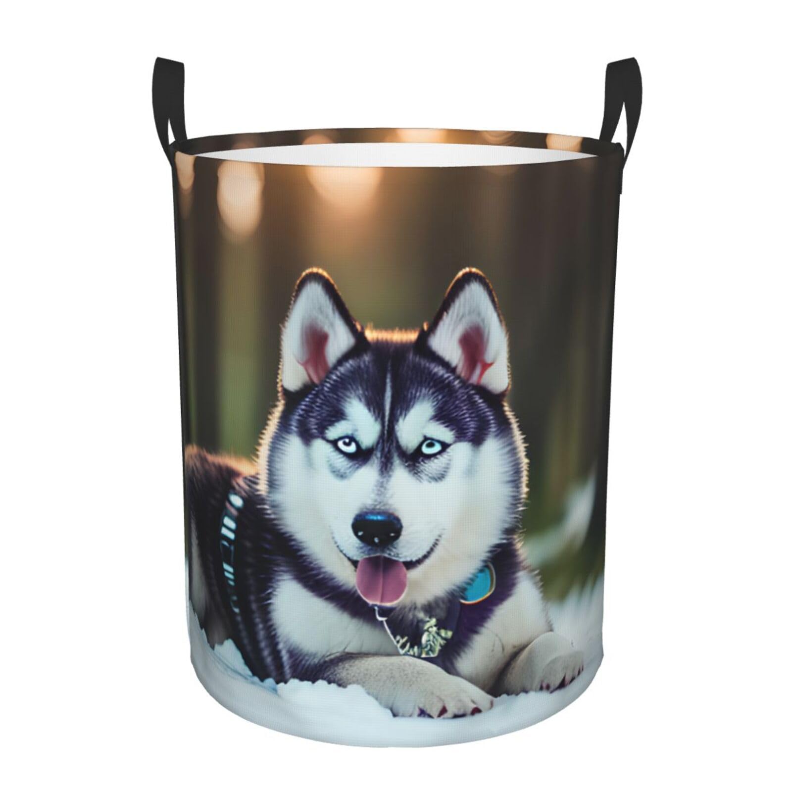 S Collapsible Laundry Hamper Round Husky Dog Print Storage