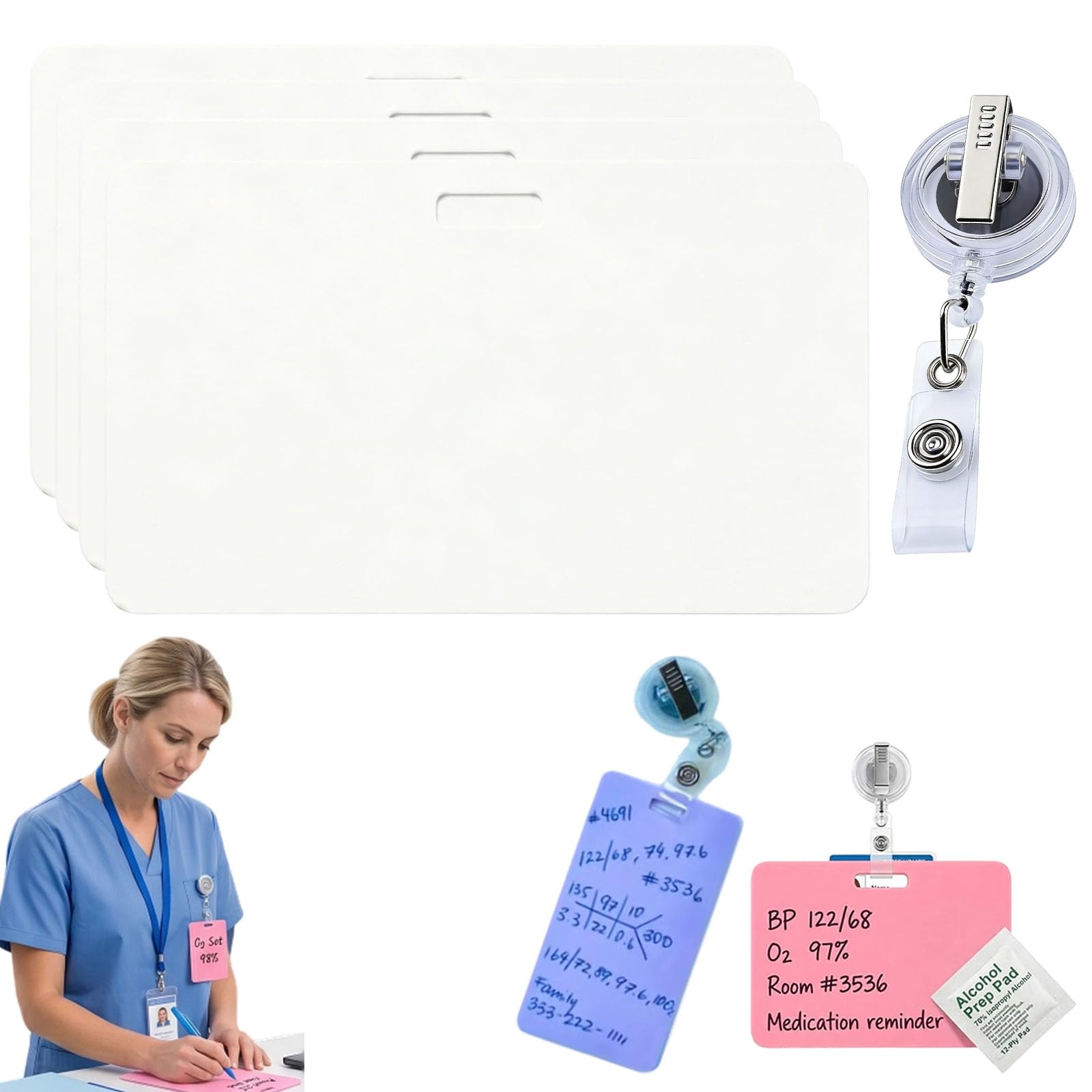 Erasable Badge Note,Vertical Horizontal Silicone Erasable Notepad Badge Set, Reusable ID Card Badges Reel Notepad for Nurses Doctor, Writable Whiteboard Clipboard with Badge Clip (white2)