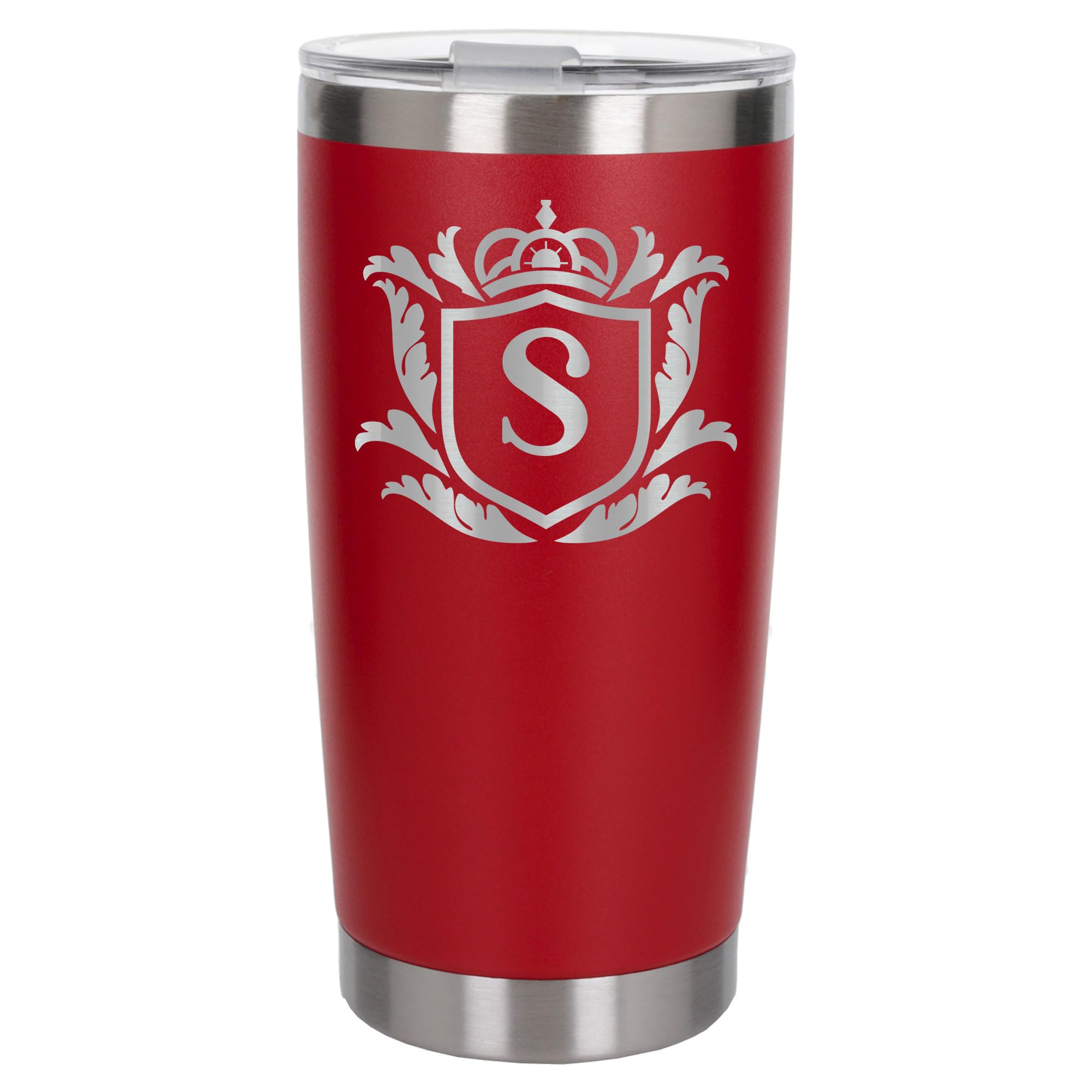 Customised Gifts 500ml Engraved Shield Initial Monogram Insulated Personalised Red Travel Mug for Men and Women - Personalised Initial Coffee Travel Mug for Hot and Cold Beverages, Letter S