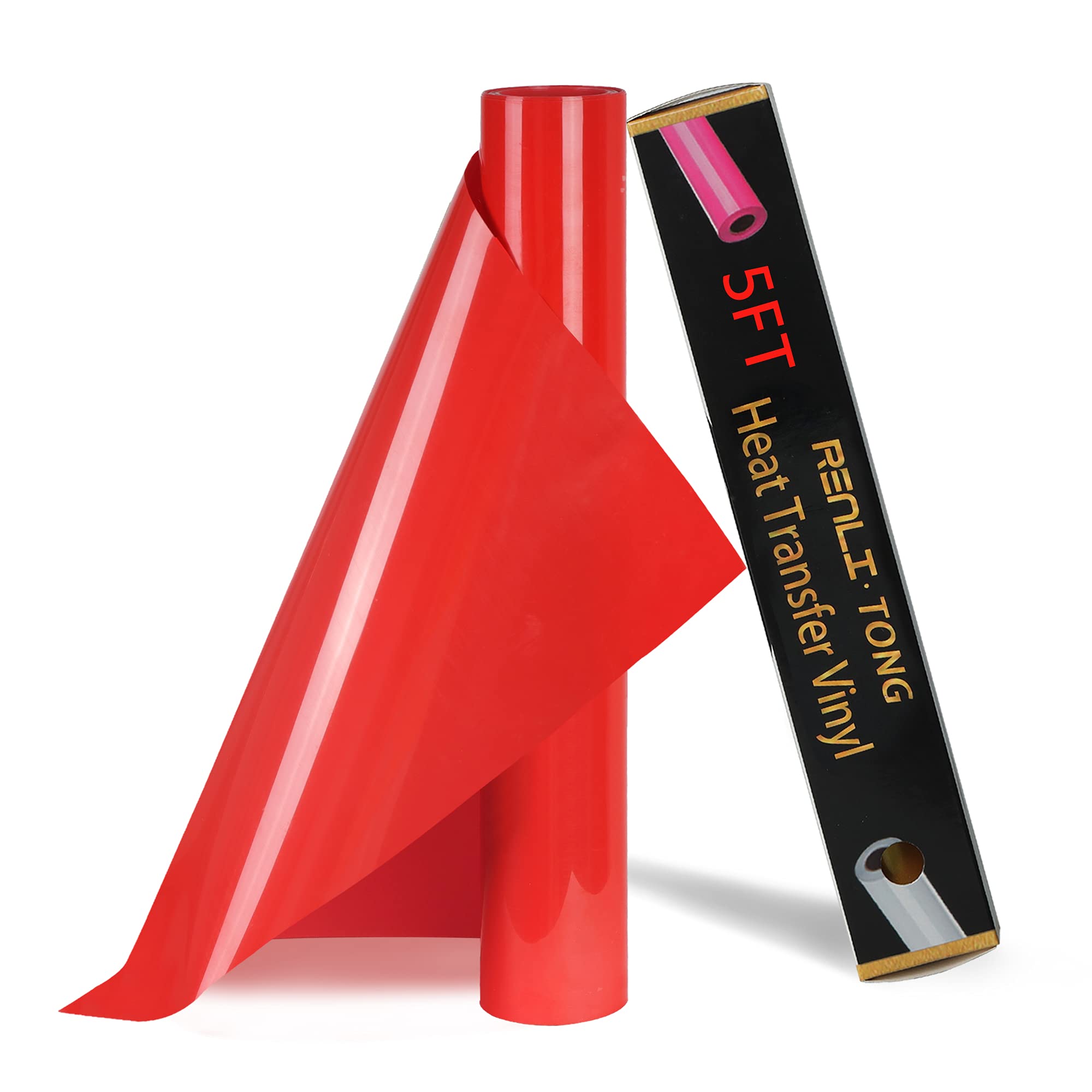 RENLITONG Red Iron on Vinyl - 12Inch by 5ft Roll HTV Heat Transfer Vinyl for T-Shirt HTV Rolls for All Cutter Machine - Easy to Cut &amp; Weed for Heat Transfer Design