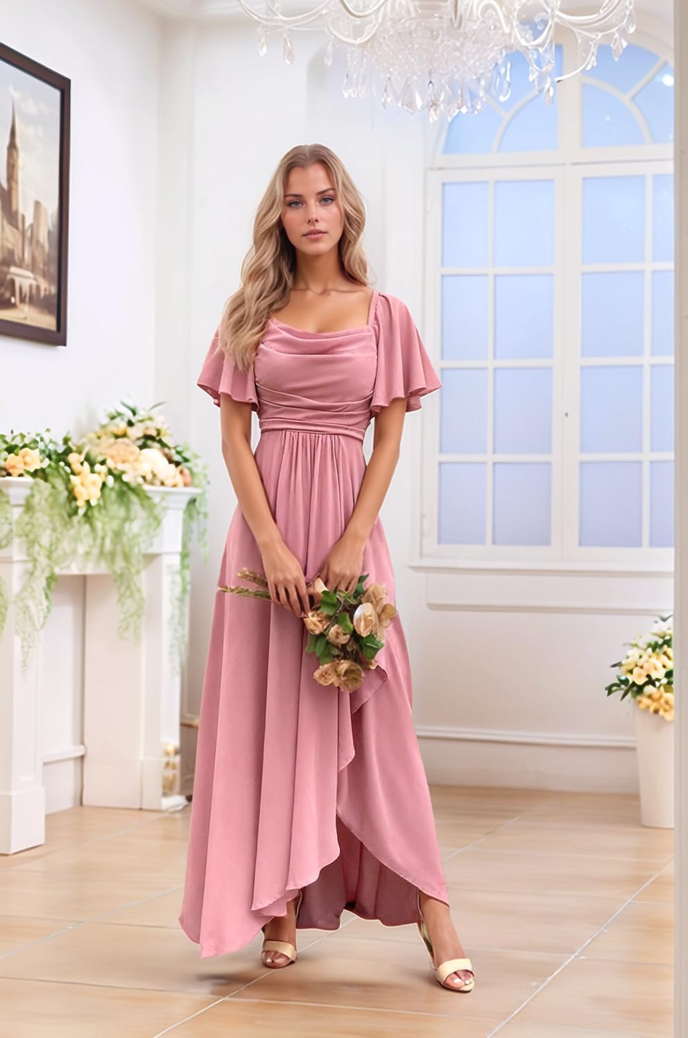 ALFEICE Flowy Chiffon Bridesmaid Dress for Women Ruffle Long Formal Wedding Guest Dresses with Slit