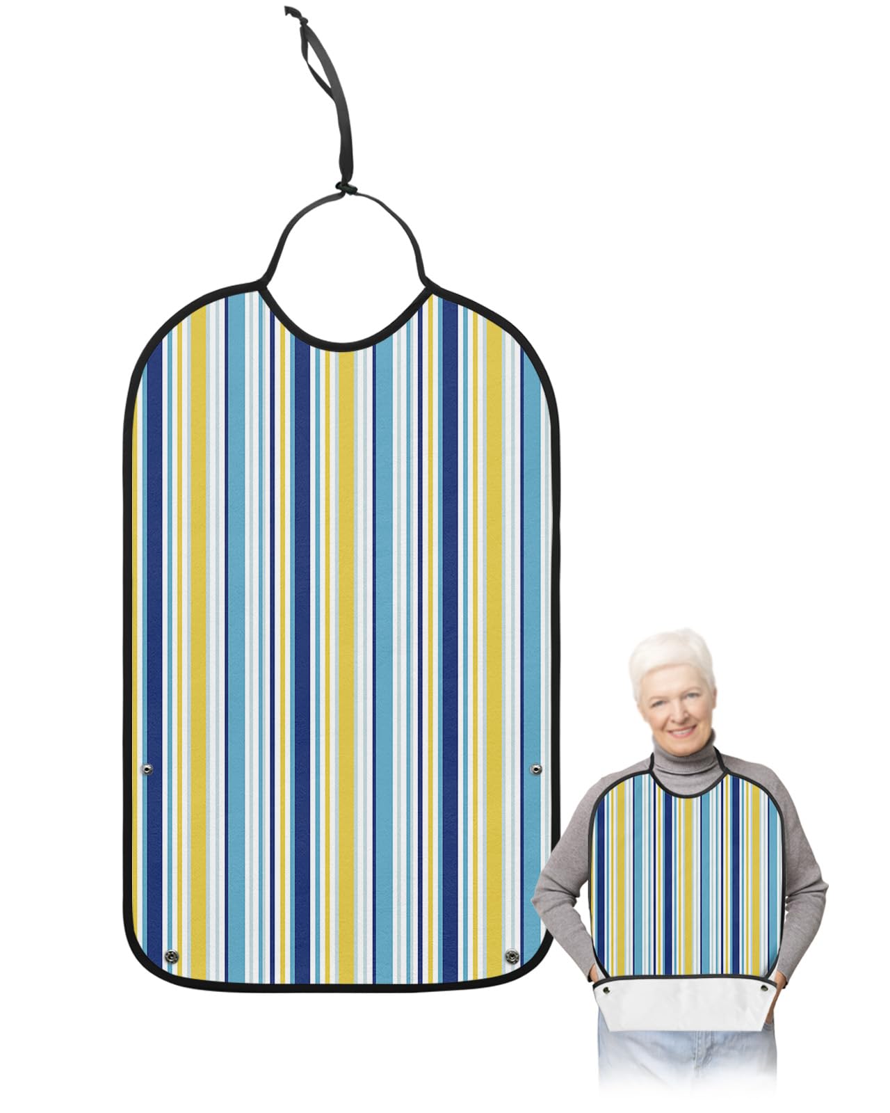 Yellow Blue Stripe Adult Bib for Eating with Crumb Catcher,Washable & Waterproof Terry Cloth Adjustable Elderly Women Men Adult Bibs Funny Apron Clothing Protector Abstract Minimalist Geometric