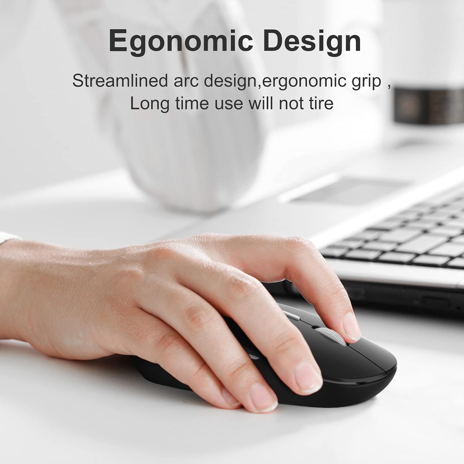 FENISIO Wireless Mouse, 2.4G Optical Cordless Mouse with USB Receiver Ultra Silent Ergonomic LED Mouse, AA Battery Operated, Computer Mouse for PC, Laptop, Desktop, MacBook, Windows (Black)