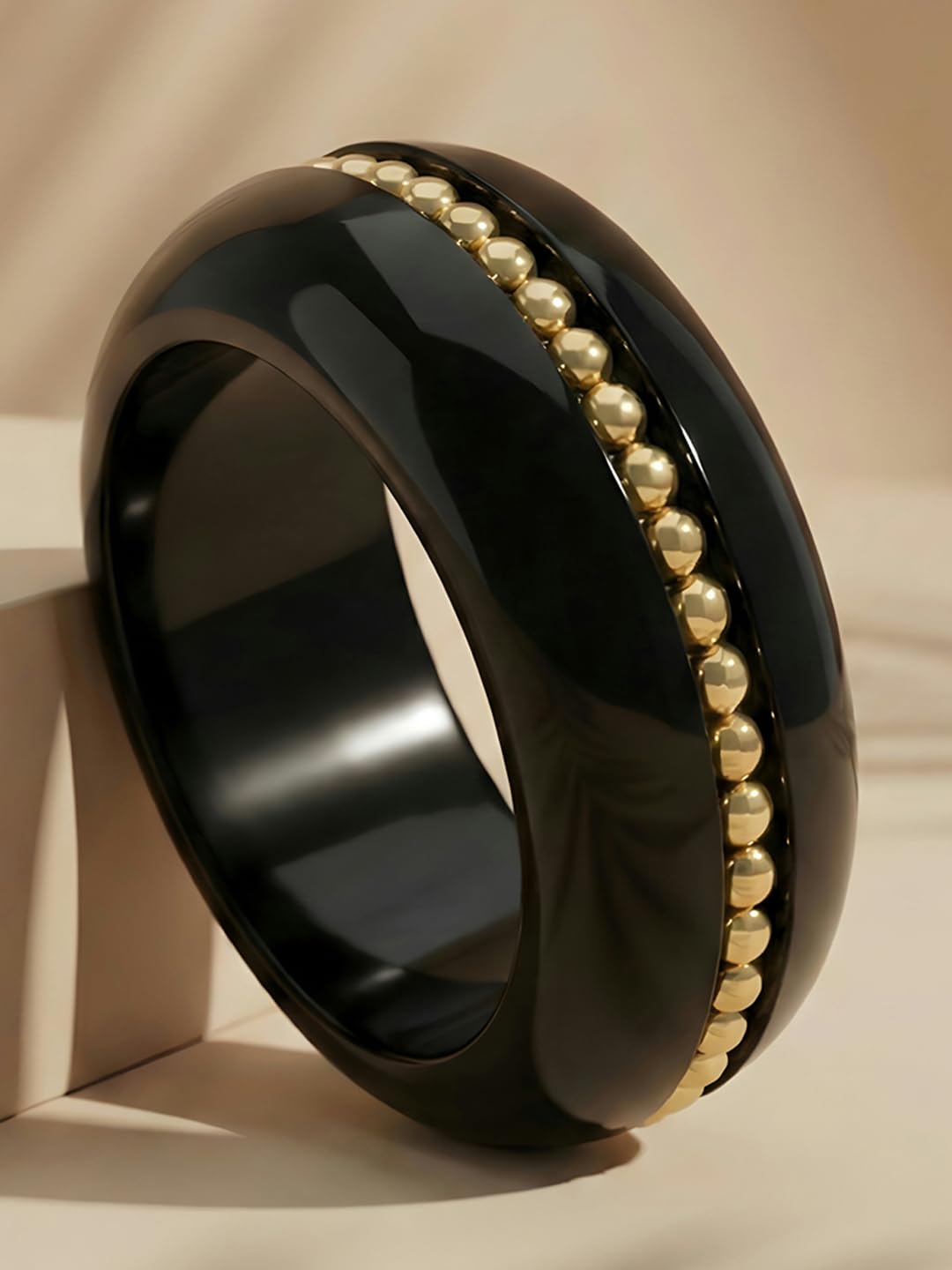 Adiva Black Glossy Acrylic Resin Statement Bangle with Gold Bead Detailing for Women & Girls | Western Style Fashion Bangle Bracelet | Lightweight Designer Jewellery, Party & Festive