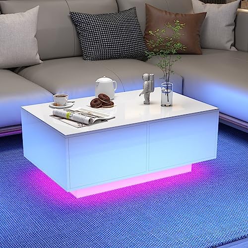 Mecor Modern Glossy White Coffee Table W/LED Lighting, 2 Tier Rectangle Design