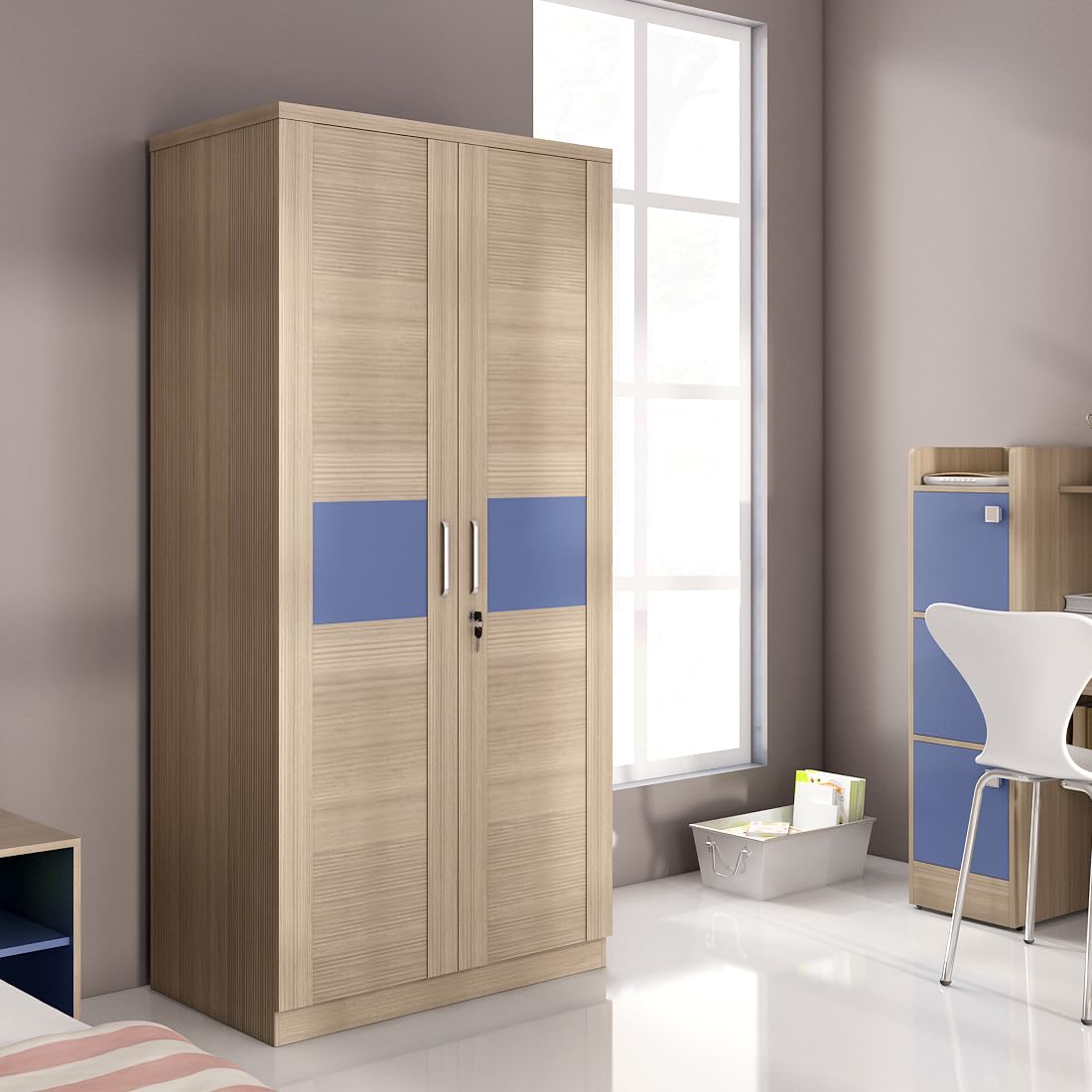 Spacewood Coral Wardrobe | 3 Year Warranty | Almirah, Cupboard, Almari, 2 Door Wardrobe, 2 Drawer (1 Lock Drawer) and 1 Hanging Space & 1 Internal Locker |Engineered Wood| Drift Wood WP