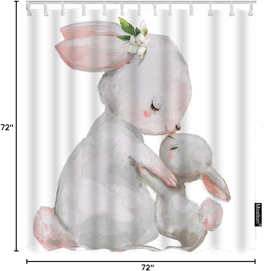 Moslion Rabbit Shower Curtains 72x72 Inch Cute Animal Hare Mom with Little Bunny with Flower Leaves Shower Curtains Home Waterproof Long Polyester Fabric Shower Curtain with Hooks Grey