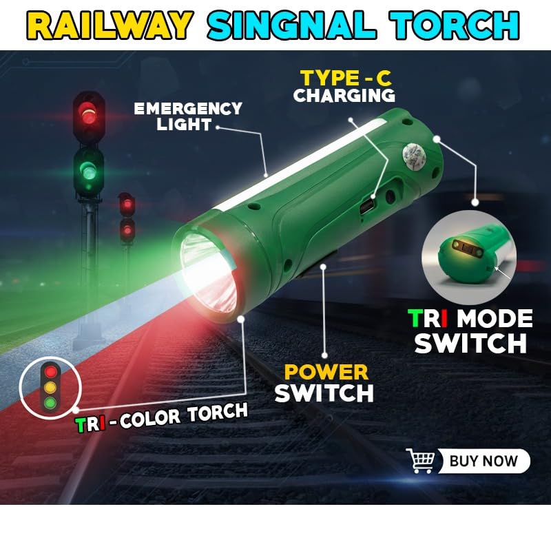 Image of 4-in-1 LED Railway Signal Torch,Railway tri Colour Torch,All Right Light (Green),Rechargeable Flashlight for Railway Signaling,