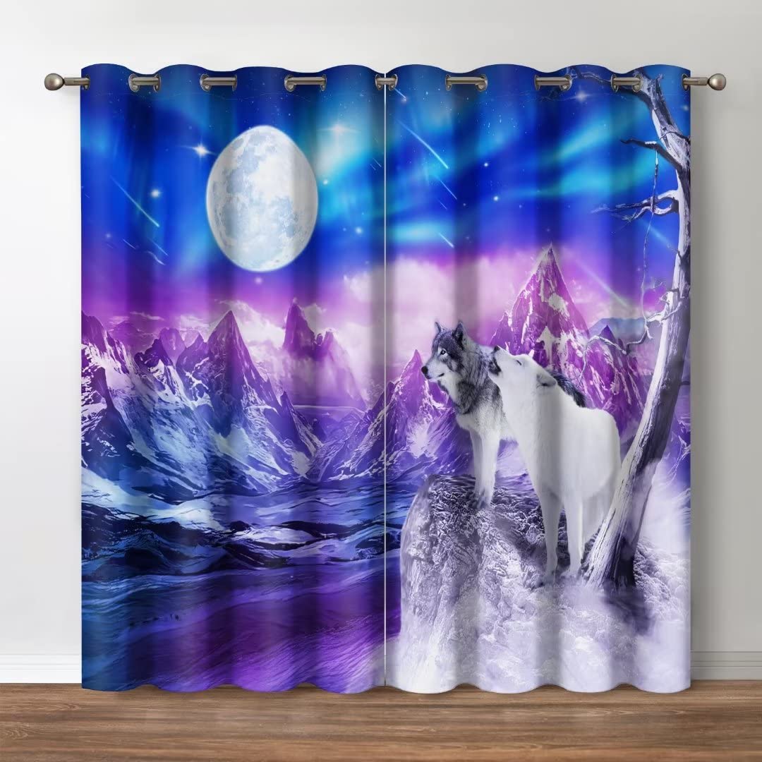 Jekeno Snowy Wolf Blackout Curtains, Starry Sky Aurora Colorful Print Decor, Mountains Chilly Theme Grommet Window Drapes for Home Bedroom Living Room, 52 Wide 84 Long Inches 2 Panel Set