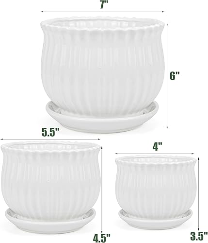 Miniatura 3 de Yesland Macetas de cerámica con platillo, juego de 3 en diferentes tamaños, modernas macetas redondas de cerámica para suculentas con textura de