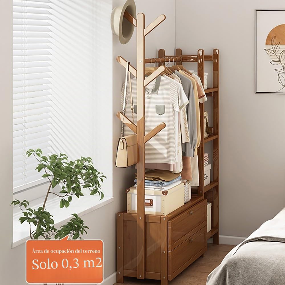 Perchero Burro de Bambú, Perchero de Pie Armario Abierto Madera con 4 Separadores y 2 Cajones, Ropa de Bambú para Entrada, Pasillo, Dormitorios Sala de Estar, Fácil de Montar
