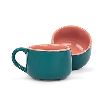 Shay Ceramic Medium Cup Set, Set of 2, Teal Pink Colour, 320ml | Cup Set of 2 for Coffee & Tea | Glossy Finish | Premium Stoneware | Ceramic Cup | Cup Set of 2 (12 oz Cup, Teal, Set of 2)