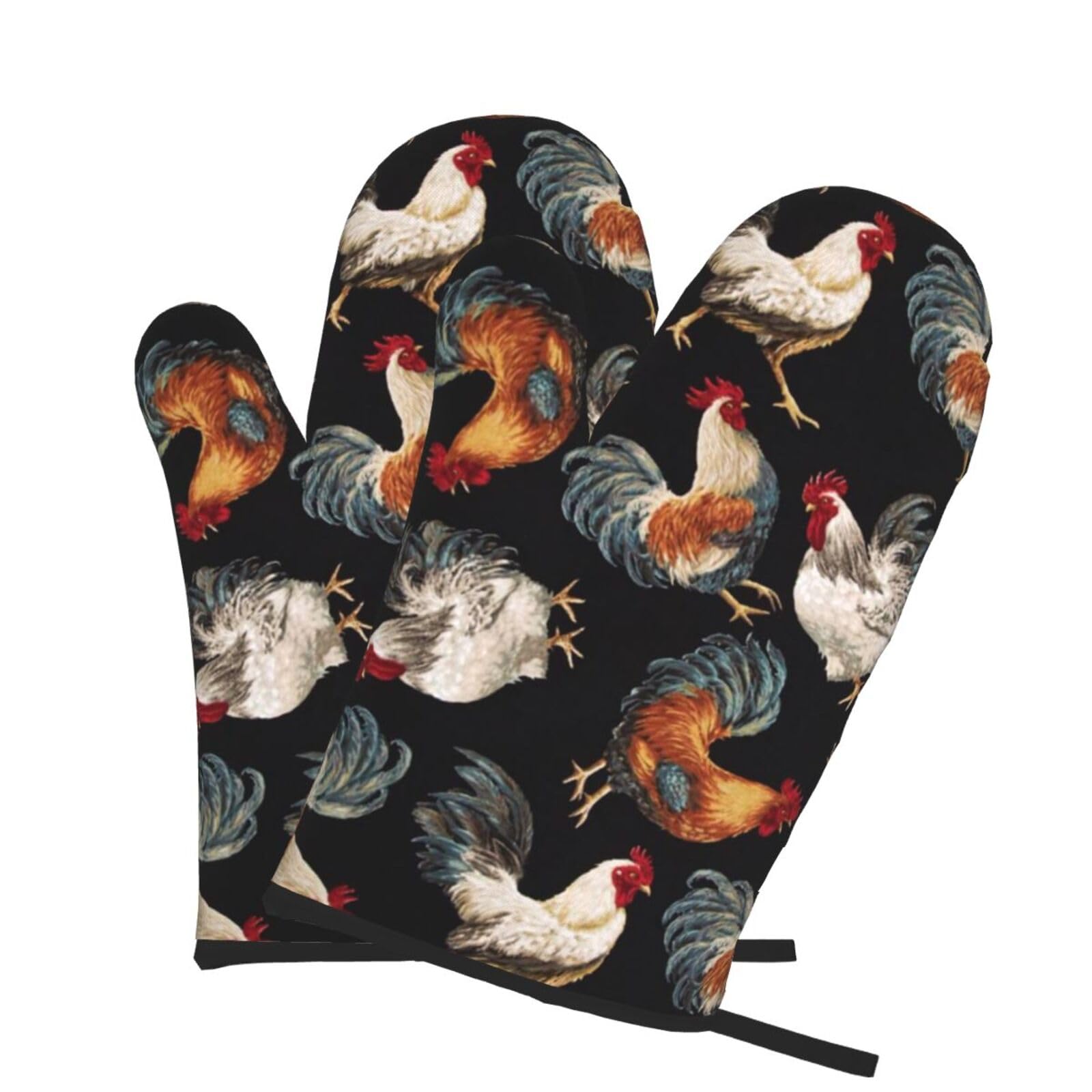 Oven Mitts Set of 2 Pcs, French Roosters Prints Heat Resistant Kitchen Gloves for Cooking Baking Grilling