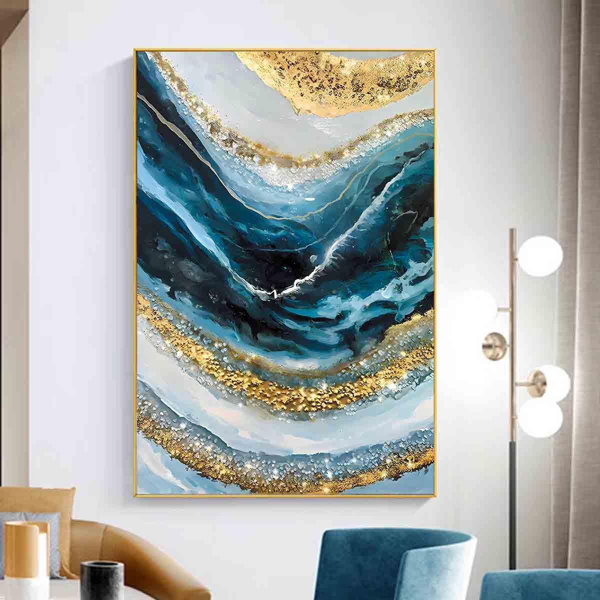 Blue Abstract Canvas Wall Art Blue Sea Gold Foil Artwork Abstract Sea Canvas Paintings Navy Blue Abstract Wall Art Blue and Gold White and Gold Texture Painting Ocean Blue Picture 16x24inch No Frame