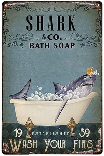 Sitrmgh Sign Funny Bathroom Metal Tin S Bath Soap Shark Vintage Metal Funny Decor Tin Aluminum Wall Art Metal Poster For Kitchen Home Bedroom Garage Bathroom 12X8 Inch