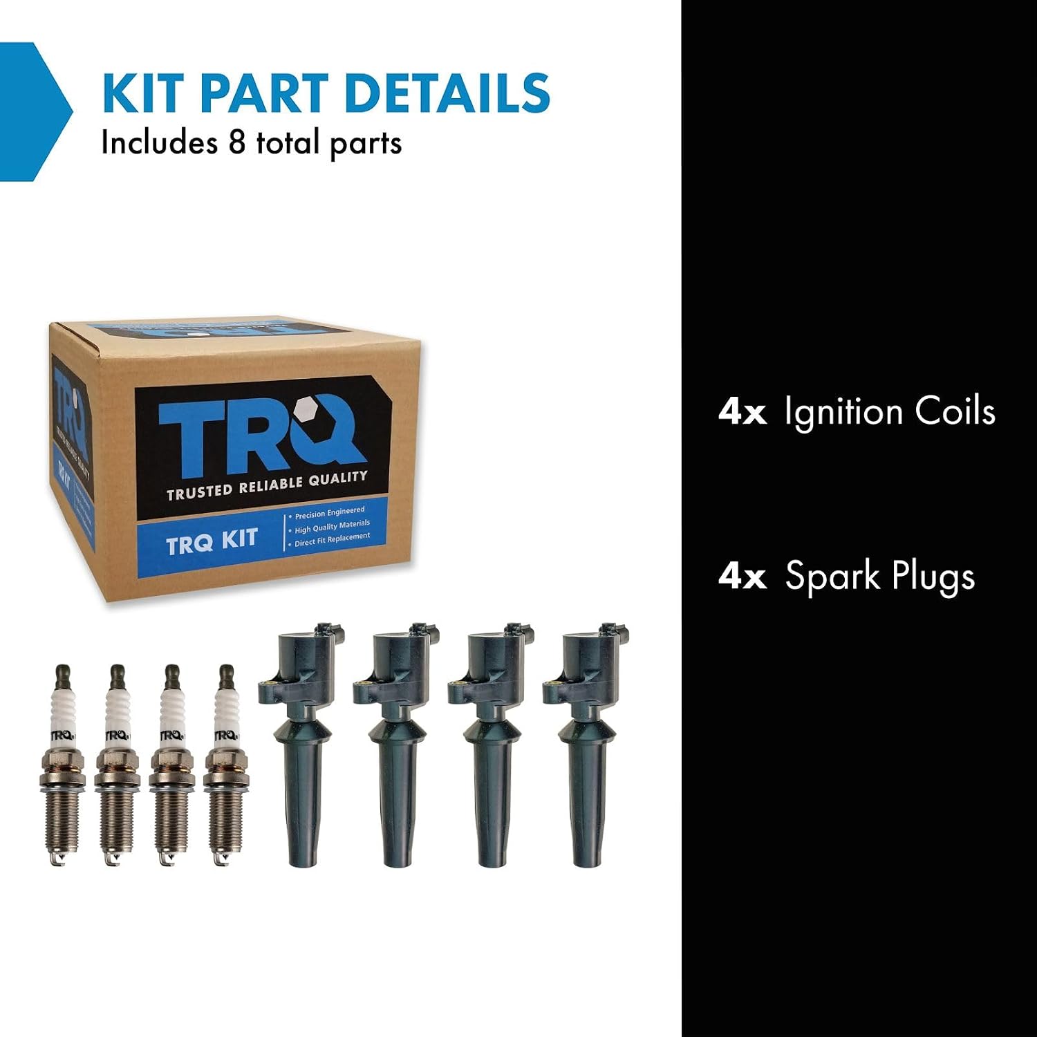 TRQ Ignition Coil and Spark Plug Kit 8 Piece Iridium Spark Plugs Compatible with 2003-11 Ford Focus 05-08 Escape 10-13 Transit Connect 04-05 Mazda 3 05 6 Tribute 05-08 Mercury Mariner
