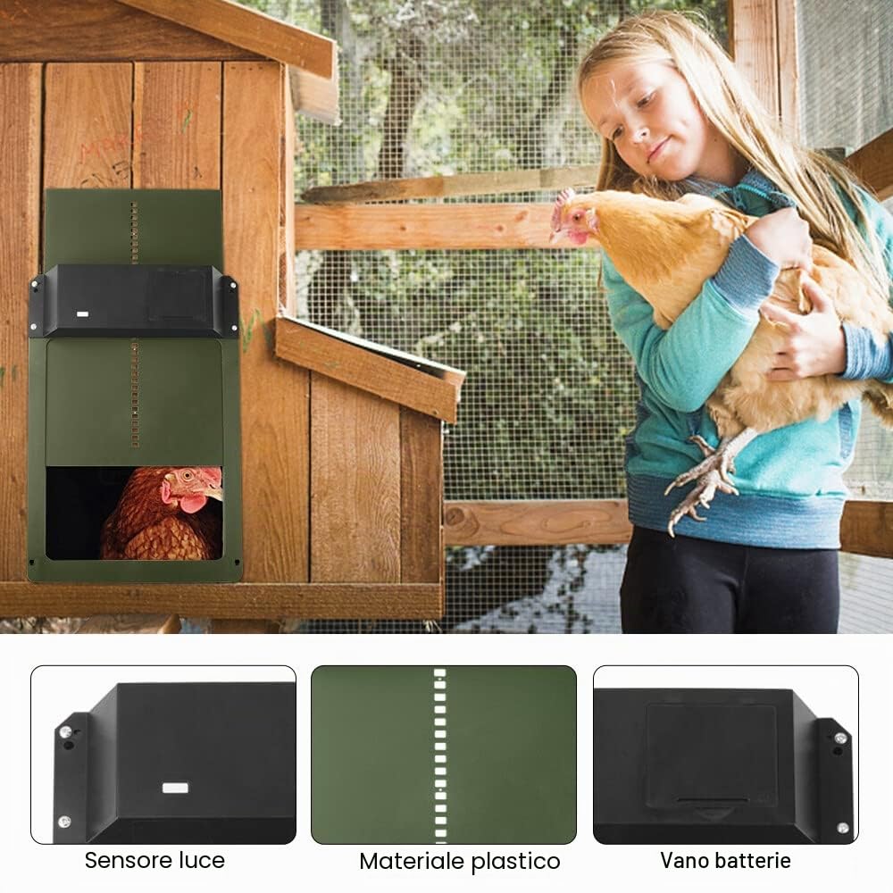 Porta di pollaio Automatico, Automatico per Pollai con Sensore di Luce Impermeabile Porta del Pollaio a Induzione per la Coltivazione di Polli Funzionamento a Batteria, Verde