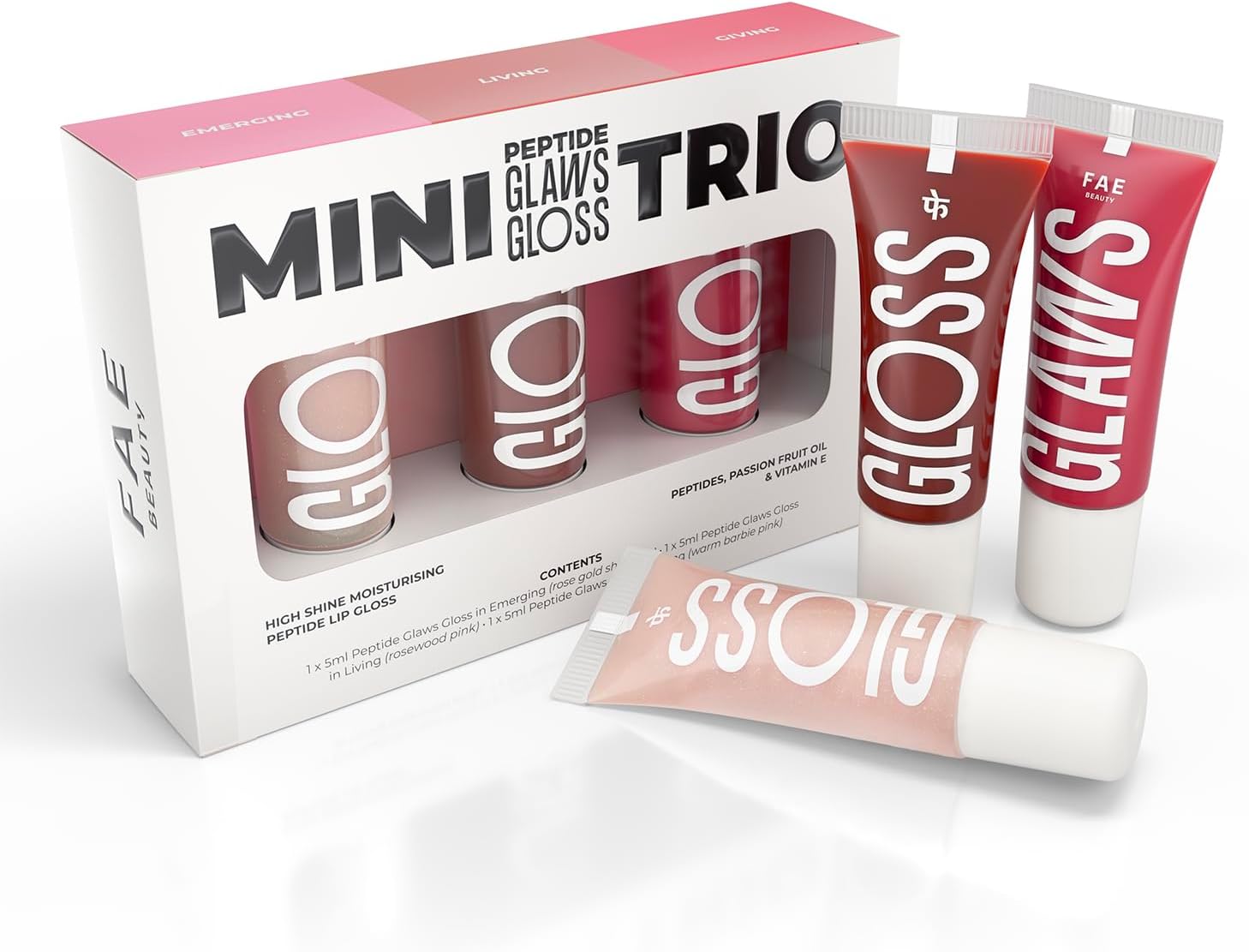 FAE Beauty Mini Peptide Lip Gloss Trio | With Passionfruit Oil & Argireline to Smoothen, Even, and Soften Lips | Non Sticky | Hydrating | Vegan | Shades - Emerging | Living | Giving