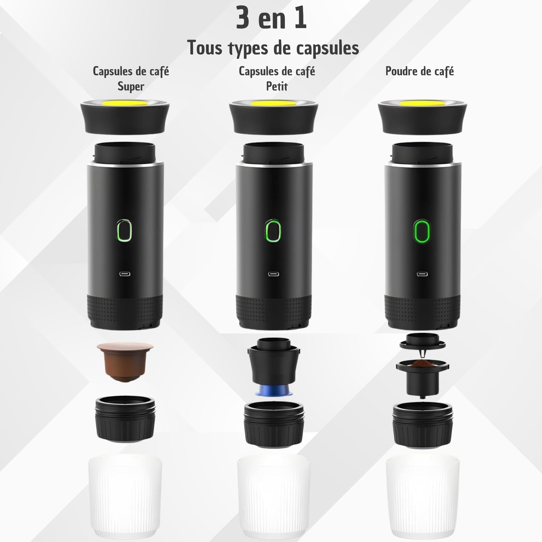Cafetière portable 3 en 1 compatible avec capsules Ness-preso, Dolce-Gusto et café moulu - Mini machine à café électrique avec chauffe-eau USB-C - Idéal pour les voyages, le camping et la