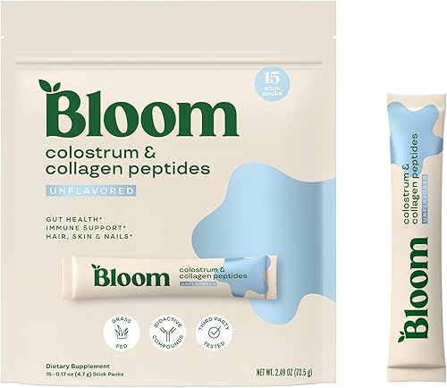 Bloom Nutrition Paquete de polvo de calostro bovino, salud intestinal, apoyo inmunológico, suplemento para el crecimiento del cabello y belleza, sin