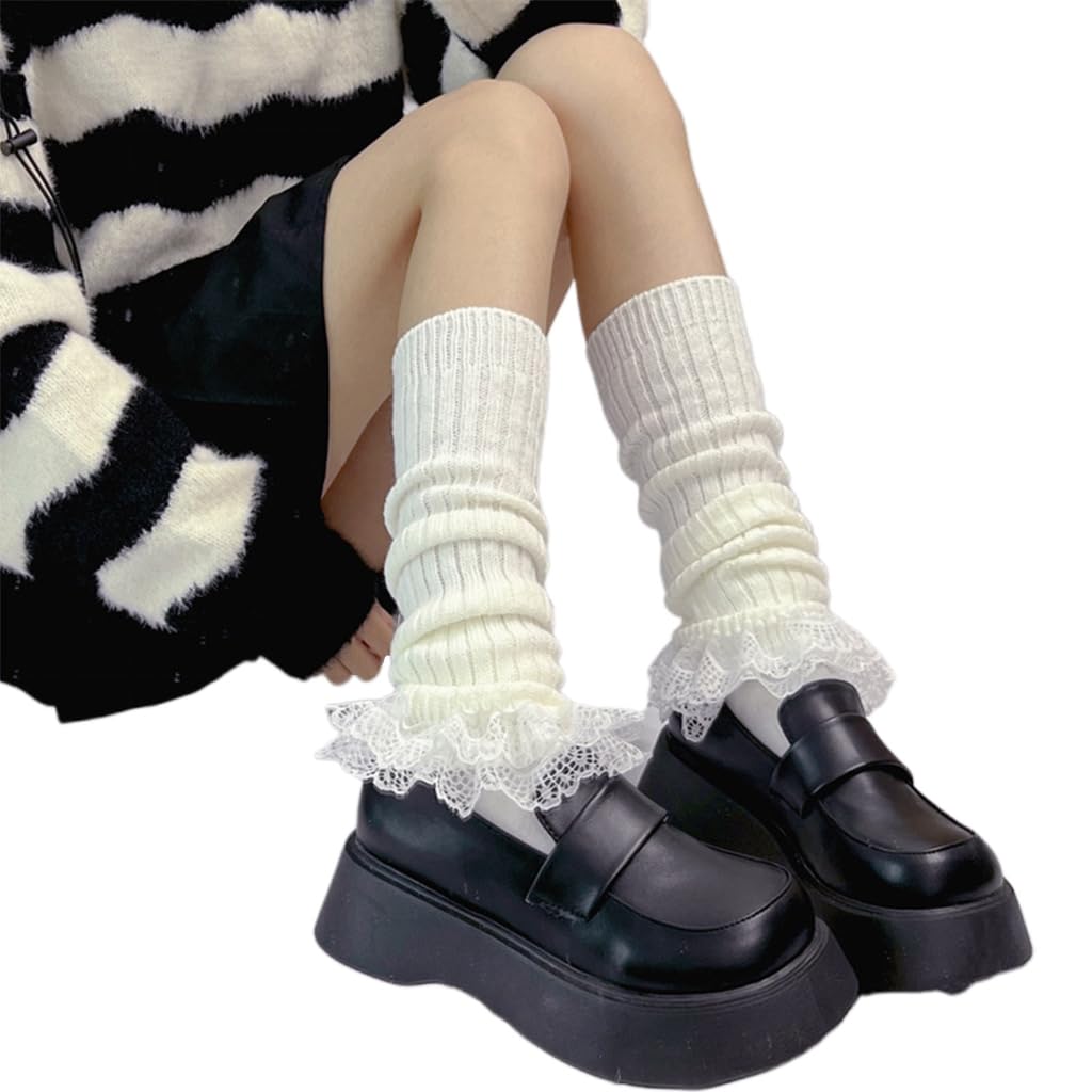 Women Girls Ribbed Knit Leg Warmer Socks Japanese Tiered Ruffled Lace Pleated Foot Stockings