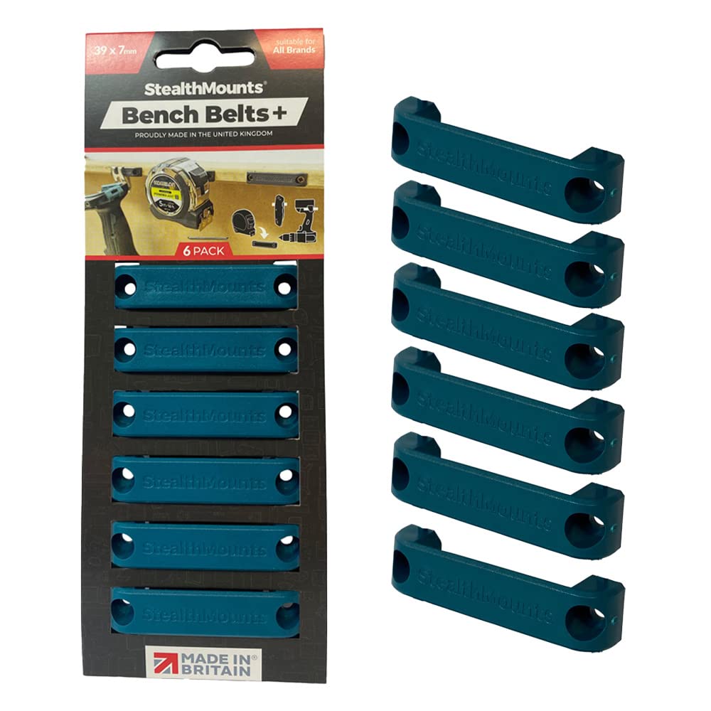 StealthMounts Bench Belt Plus - Universal Tool Holder | Bench Belt + Set | Perfect Tool Hanger Storage Dock for Power Tools, Tape Measures and Belt Clips (Blue)