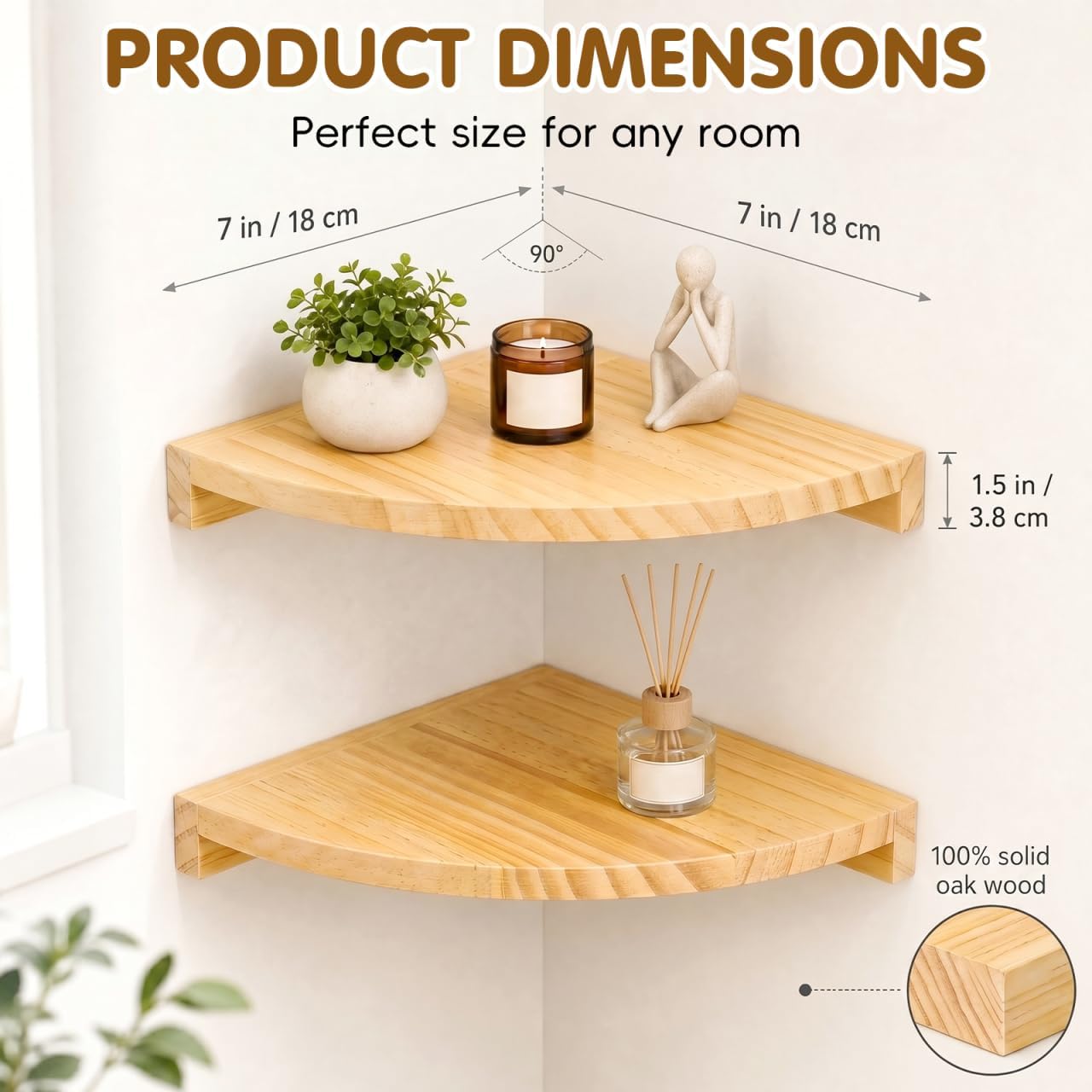 Alipis Natural Solid Wood Corner Shelf Wall Mounted, Dual-Fortified Floating Corner Shelves for Wall Storage, Round End Sector Display Bookshelf for Bedroom Living Room Kitchen Plant (Oak, 7in 2P)