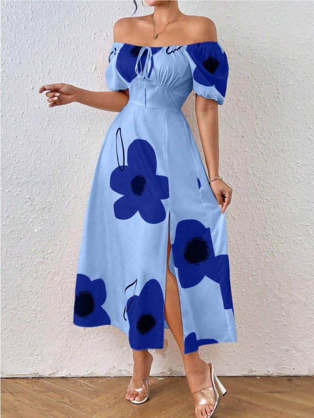 Image of GRECIILOOKS Summer Dress for Woman | Boho Square Neck Long Dress | Women's Puff Sleeve Floral Printed A Line Maxi | Elegant Tie Front Slit Outfit | Comfortable Beach, Vacation, Party & Holiday Outfit