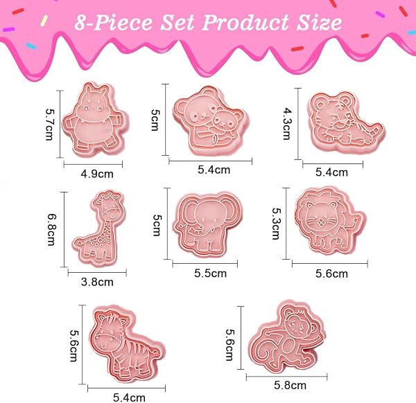 KONFEN Set di 8 formine 3D Animali della giungla in plastica per biscotti, formine fondente per compleanni, pasticceria e dessert, panda, tigre, ippopotamo, giraffa, leone, elefante, zebra, scimmia - 2