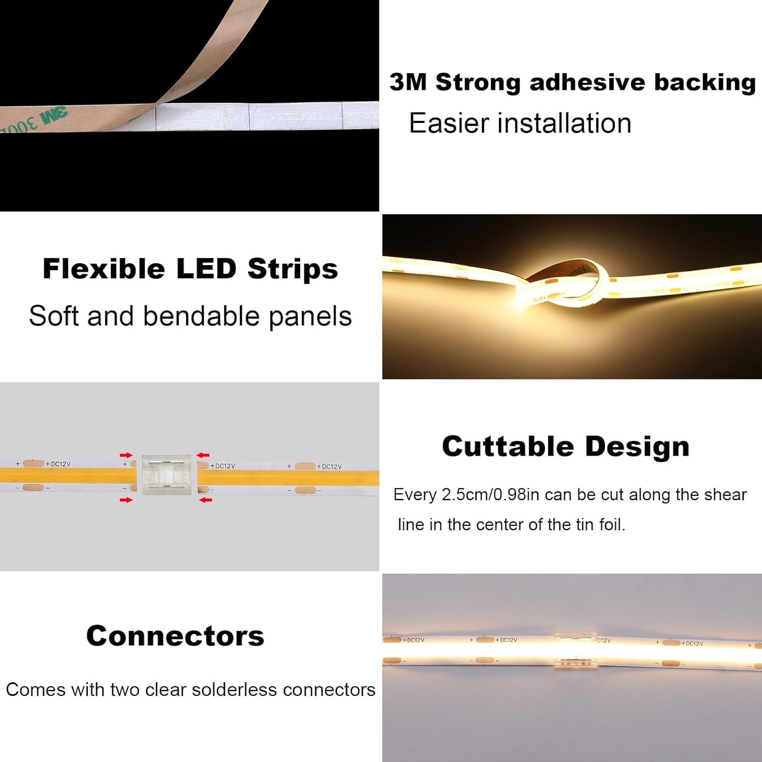TOPAI Black 12V COB LED Strip 4000K Natural White IP65 Waterproof Dotless 480LED/M 16.4ft/5M Bright 4000Lm CRI>90 Cuttable Flexible LED Tape for Home, Office DIY Lighting (Power Supply Not Included)