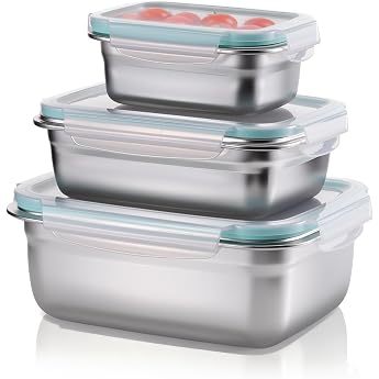 Set of 3 Stainless Steel Lunch Boxes with Lid Airtight - Leak-proof Lunch Box BPA-Free, Stackable Metal Bento Boxes in 3 Size
