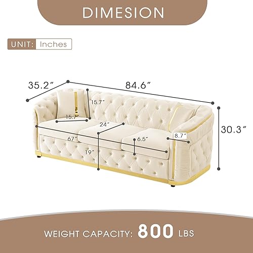 Miniatura 2 de Sofá Chesterfield de 3 plazas moderno de mediados de siglo de 84.6 pulgadas, sofá de terciopelo blanco beige y dorado, sofás de lujo para sala de